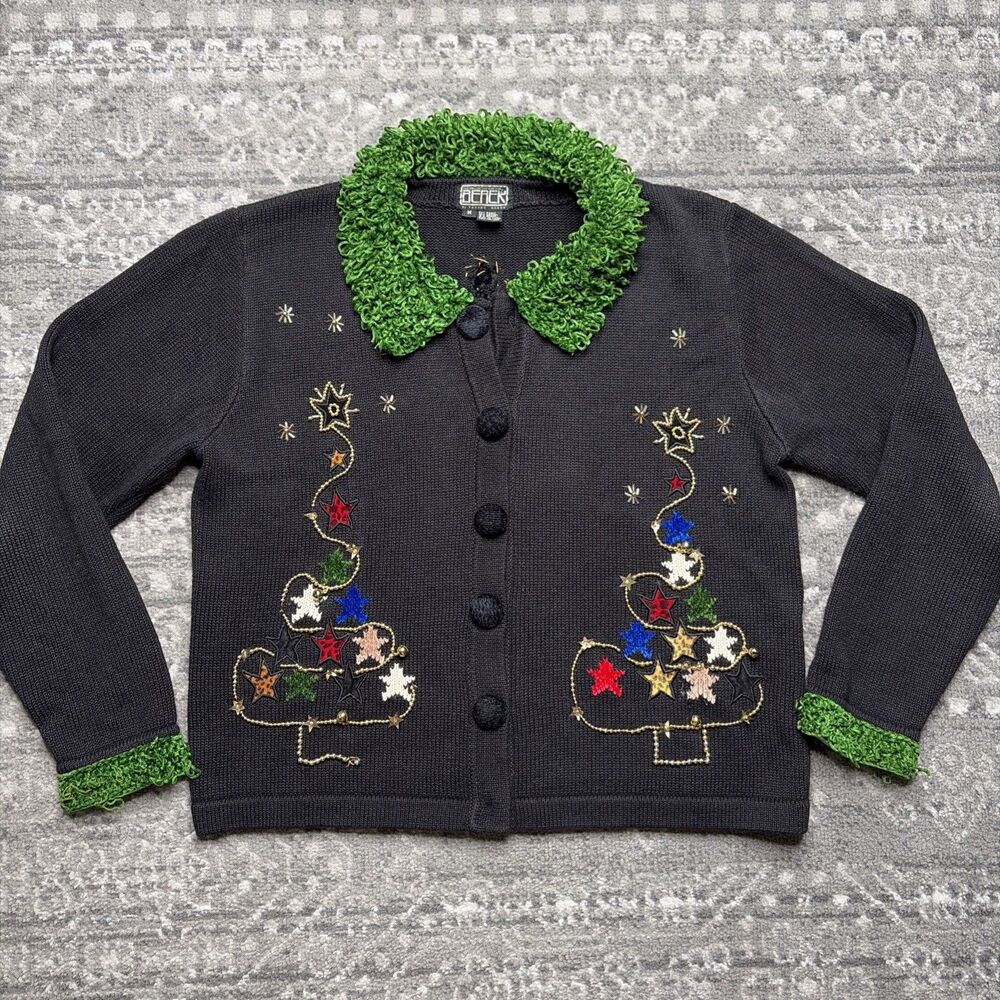 Vintage 90's Berek Ugly Christmas Cardigan Sweater Medium Tree Ornaments Party
